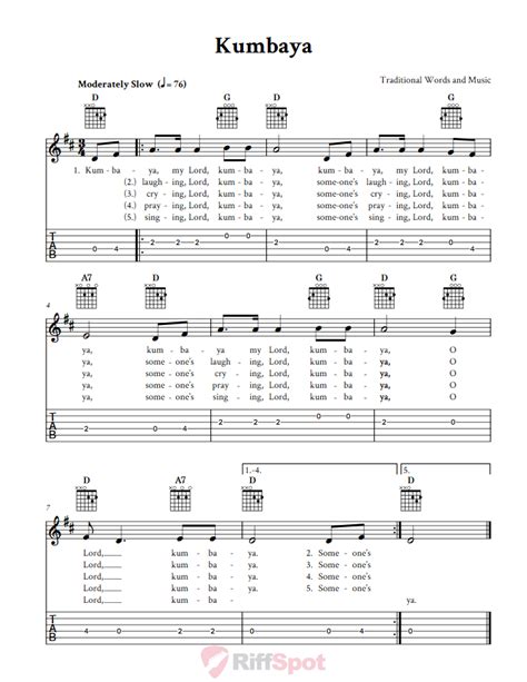 Kumbaya: Chords, Sheet Music, and Tab for Guitar with Lyrics