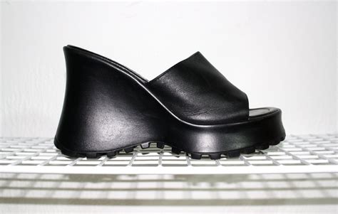 Vintage 90s Black Leather Chunky Platform Wedge 1990s