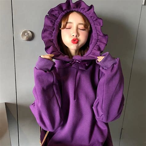 Ruffled Hooded Loose Hooded Sweatshirts Girls Cute Solid Long Sleeve