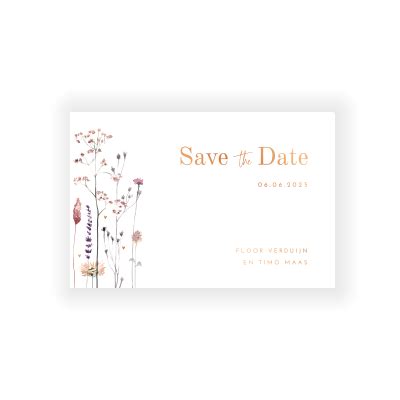 Save The Date Uitnodiging Met Droogbloemen En Echt Ros Goudfolie