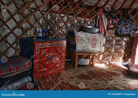 Life of the Mongolian Yurt. Interior of the Nomad`s House. Mongol ...