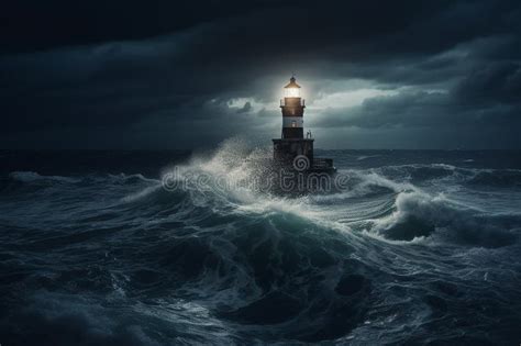 Lighthouse in Stormy Ocean in the Night Time. Conceptual Photography Stock Illustration ...