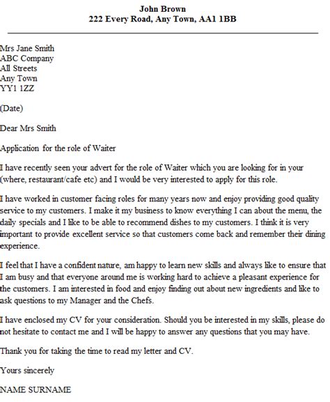 Waiter Cover Letter Example Uk