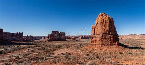 Panoramic Views Of The Courthouse Towers In Arches National Park Stock