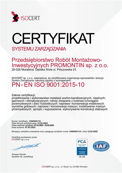 Certyfikaty Iso Prmi Promontin