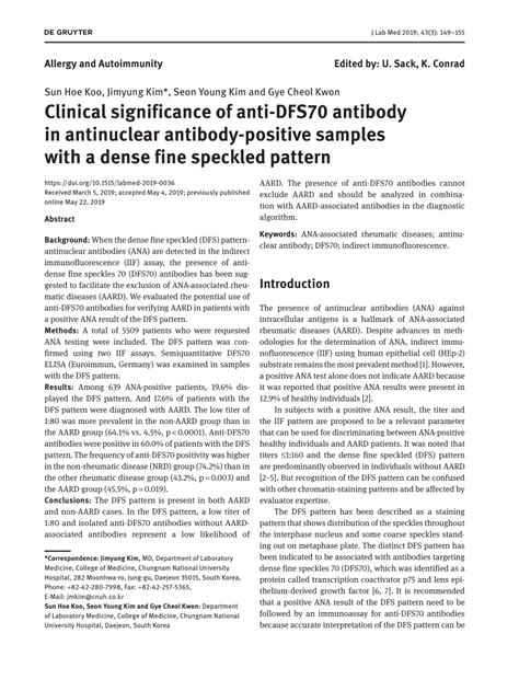 Pdf Clinical Significance Of Anti Dfs70 Antibody In Antinuclear