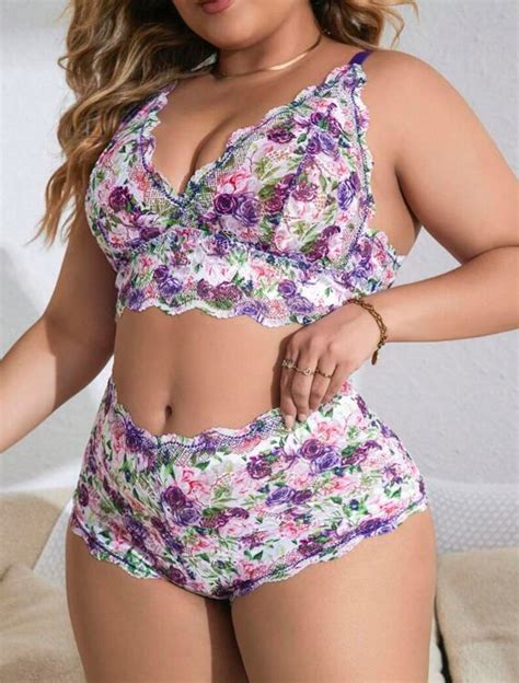 Plus Size Floral Lace Lingerie Set Etsy