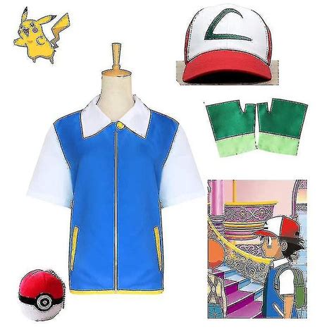 Ash Ketchum Poke B Rn Cosplay Kostume Bl Jakke Handsker Hat Ash