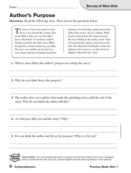 Because of Winn-Dixie: Author's Purpose Worksheet for 5th - 7th Grade ...