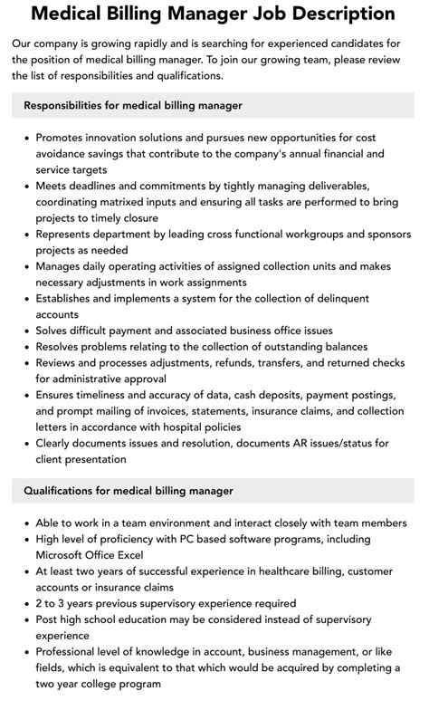 Medical Billing Manager Job Description Velvet Jobs