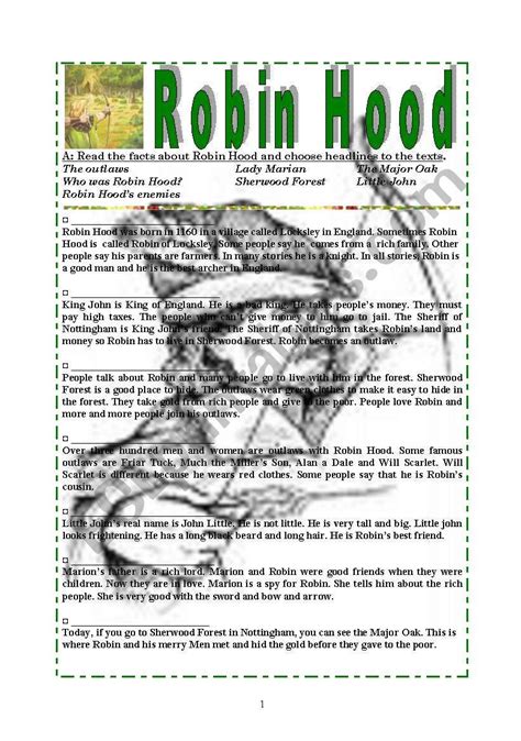 Robin Hood Exercises ESL Worksheet By Mrs Matilda