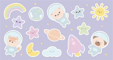 Collection of cartoon stickers space, celestial elements and characters ...