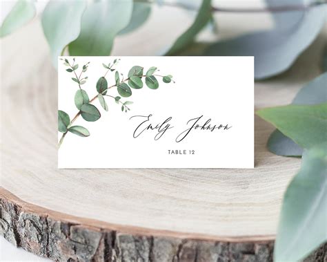 Eucalyptus Wedding Place Card Editable Template Green Leaves Etsy