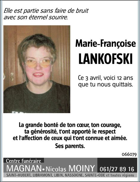 Avis de décès de Lankofski Marie Françoise décédé le 03 04 2024 à Saint