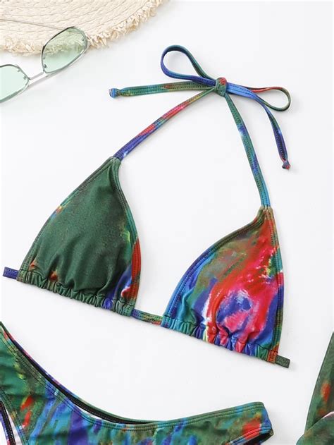 Shein Swim Sxy Tie Dye Bikini Set Halter Triangle Bra Top And Hipster