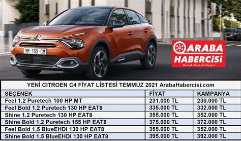 Citroen C4 fiyat listesi Temmuz 0 km araç fiyatları 0 km araba fiyatları