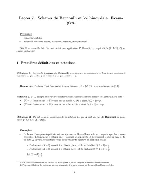 Leçon 7 Schéma de Bernoulli et loi binomiale Exem ples