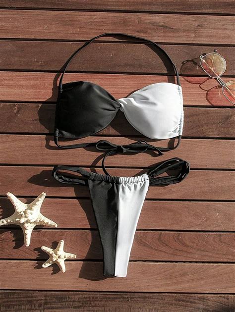 SHEIN Swim Conjunto de bikini en blanco y negro con detalles de torsión