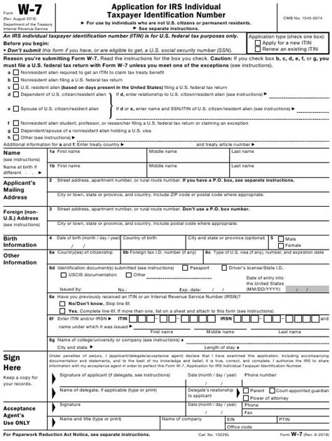 Irs Form W Apply For Individual Taxpayer Identification Number