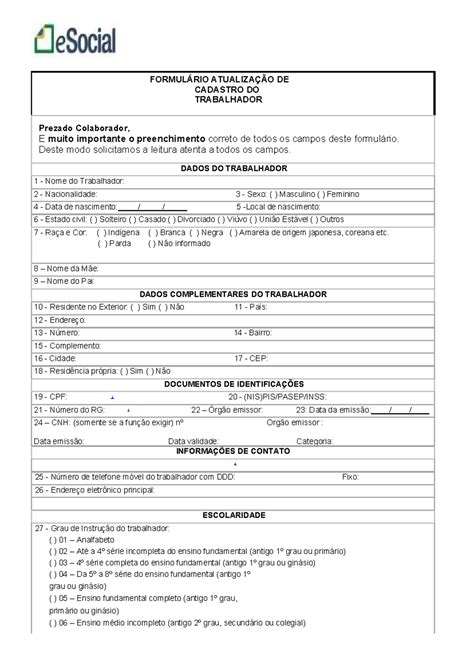 NOVA Ficha PARA Registro - FORMULÁRIO ATUALIZAÇÃO DE CADASTRO DO