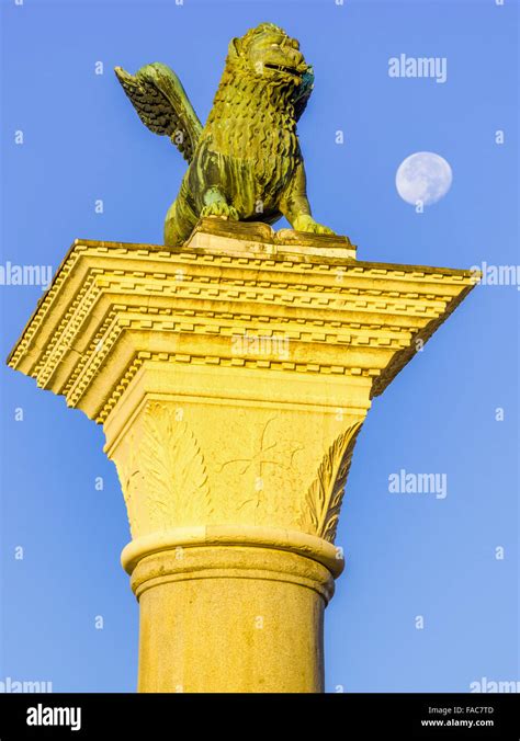 Lion of Venice statue with moon set in San Marco Square in Venice ...