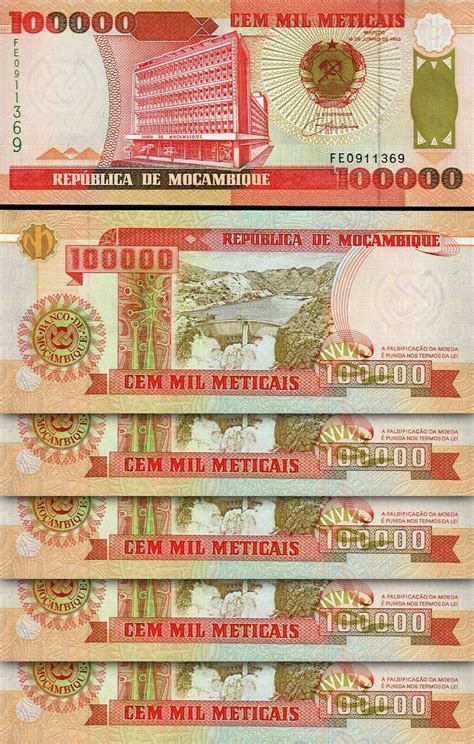 Mozambique 100000 100 000 Meticais 1993 1994 UNC 5 PCS Consecutive