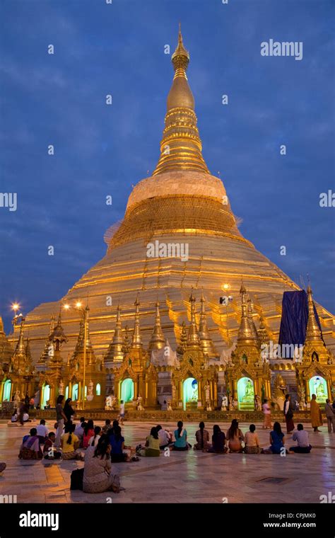 Myanmar Burma Shwedagon Pagoda Illuminated At Night Yangon Rangoon