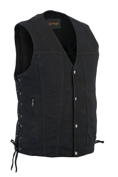 Mens Black Single Back Panel Concealed Carry Denim Vest With Side Lace