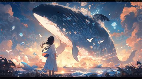 anime girl looking at a whale in the ocean with birds flying around ...