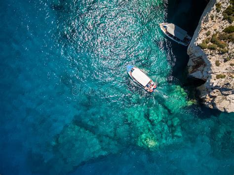 Aerial View Of Agios Nikolaos Blue Caves In Zakynthos Zante Stock Image