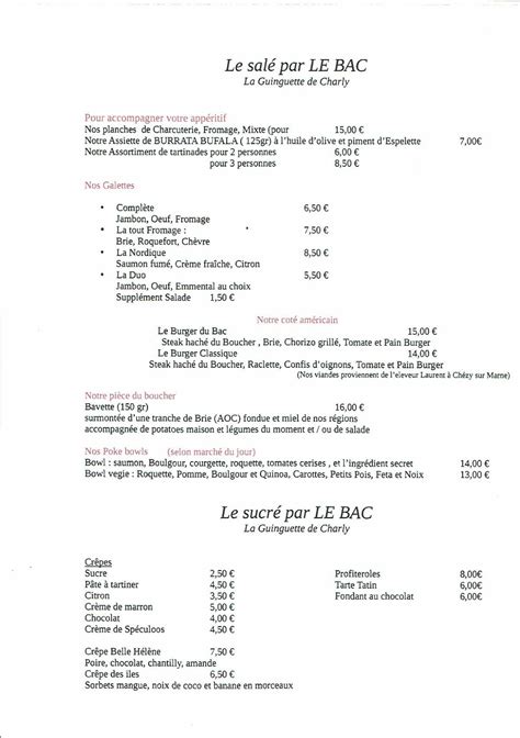 Menu Au Guinguette Le BAC Restaurant Charly Sur Marne Chemin Du Halage