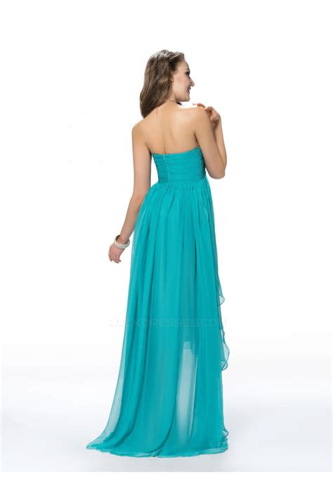 Empire High Low Strapless Beaded Long Blue Chiffon Prom Evening Formal