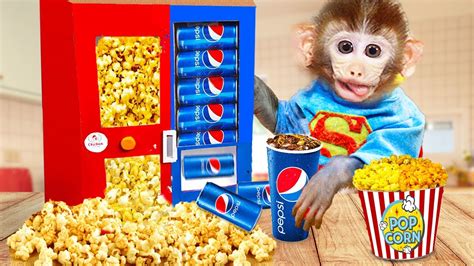 Baby Monkey Bi Bon Playing With POPCORN PEPSI Vending Machine So Funny