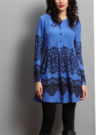 Blue Lace Print Pin Tuck Notch Neck Tunic Lace Print Blue Lace