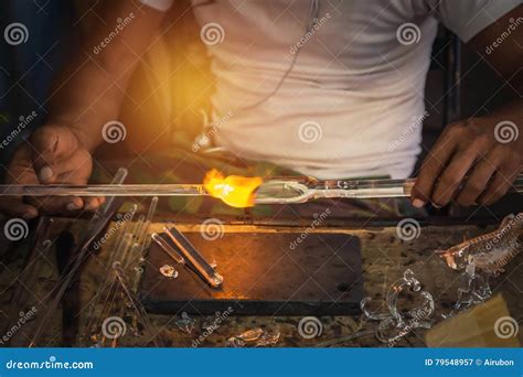 Man Made Hand Craft from Glass Blowing with Fire Blower Stock Image ...