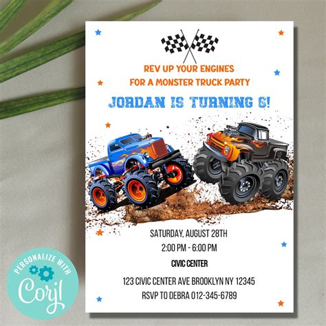 Monster Truck Birthday Invitation, Monster Truck Invite, Custom Boys ...