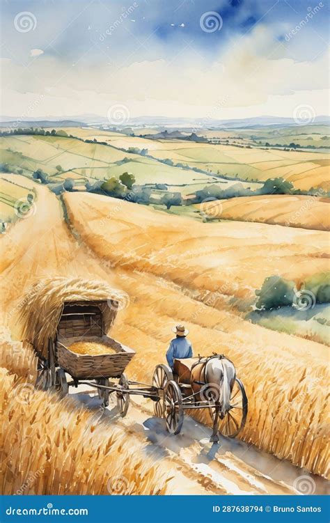 Painting of a Peasant Working in a Wheat Field Stock Illustration ...