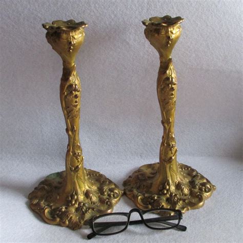 Antique Gilt Gold Art Nouveau Candlesticks With Grape Motif From