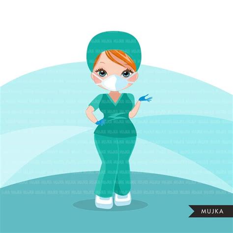 Nurse Clipart With Mask Green Scrubs Hospital Graphics Print And Cut