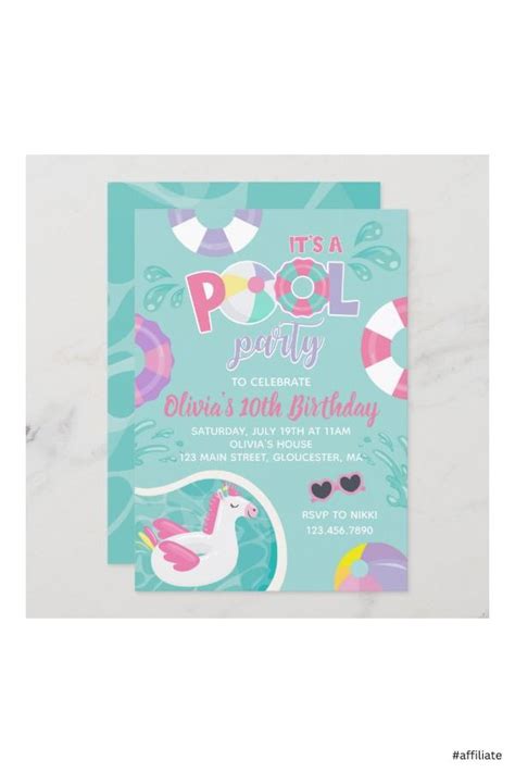 A Pool Party Birthday Card With An Image Of A Unicorn