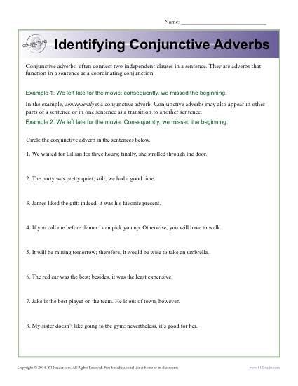 Identifying Conjunctive Adverbs Conjunction Worksheets