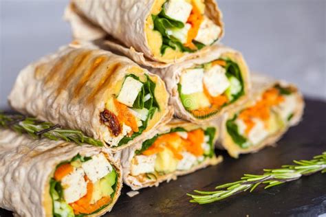 Healthy Vegan Tofu Tortilla Wraps With Tofu And Vegetables Stock Image