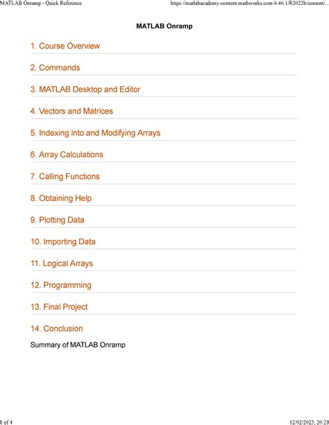 Matlab Onramp Quick Reference Matlab Onramp Course Overview