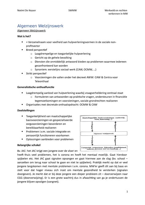 Samenvatting Algemeen Welzijnswerk No Mi De Keyser Swmw Werkveld En