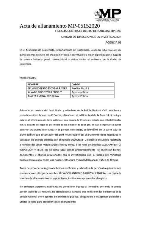 Acta De Allanamiento Ministerio Publico Guatemala Apuntes De Derecho