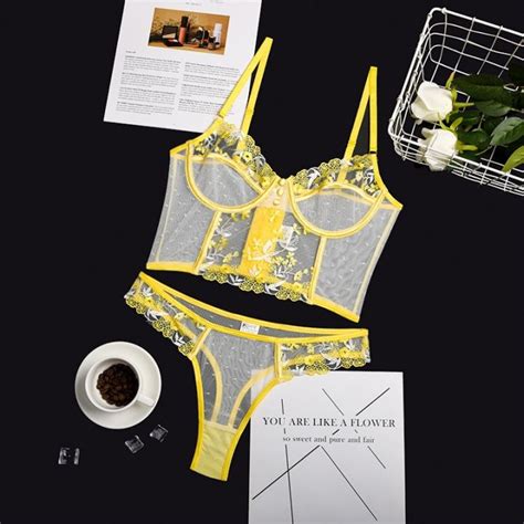 ZHONG LIN Sexy Lingerie Yellow Floral Bra And Panty Underwear Set See Through Mesh Lingere
