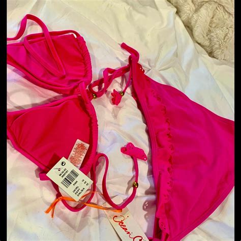 Neon Pink Triangle Top Bikini With Lace Ruffles And G… Gem