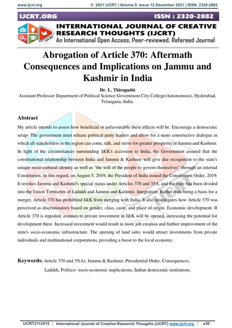 (PDF) Abrogation of Article 370: Aftermath Consequences and Implications on Jammu and Kashmir in ...