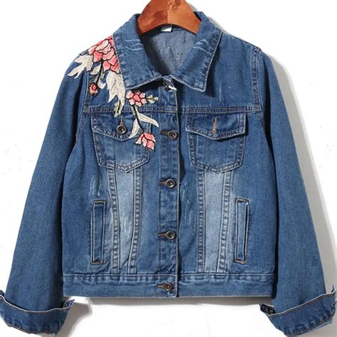 Women S Flower Embroidered Denim Jackets For Woman Ladies Outerwear Long Sleeve Coat Femme Plus