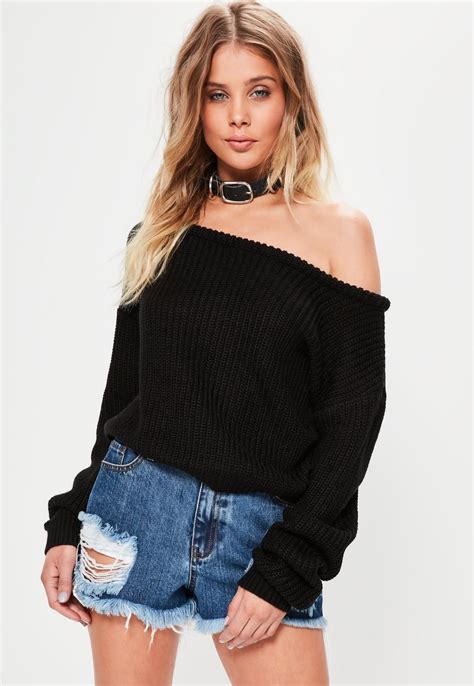 Missguided Black Off Shoulder Cropped Sweater Extra Long Sleeve